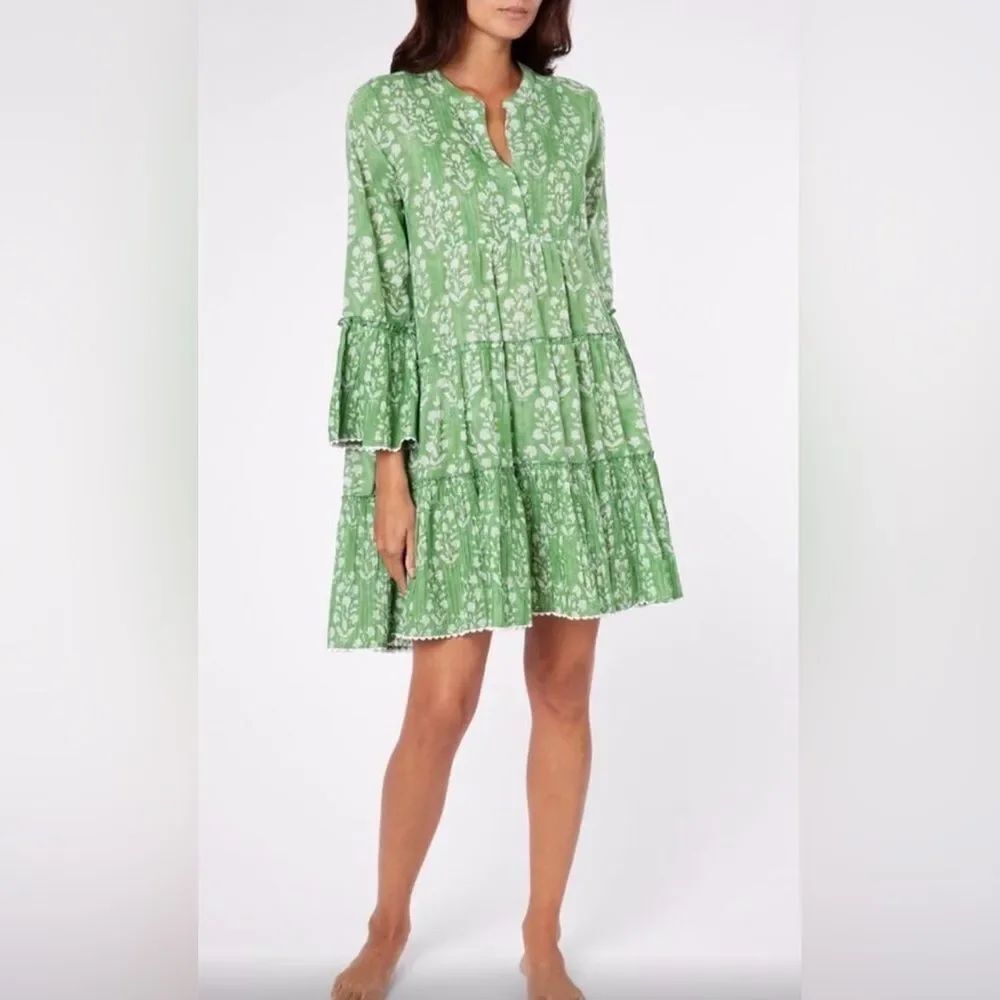 Juliet Dunn Green Printed Tiered Mini Dress size 2 London/US L